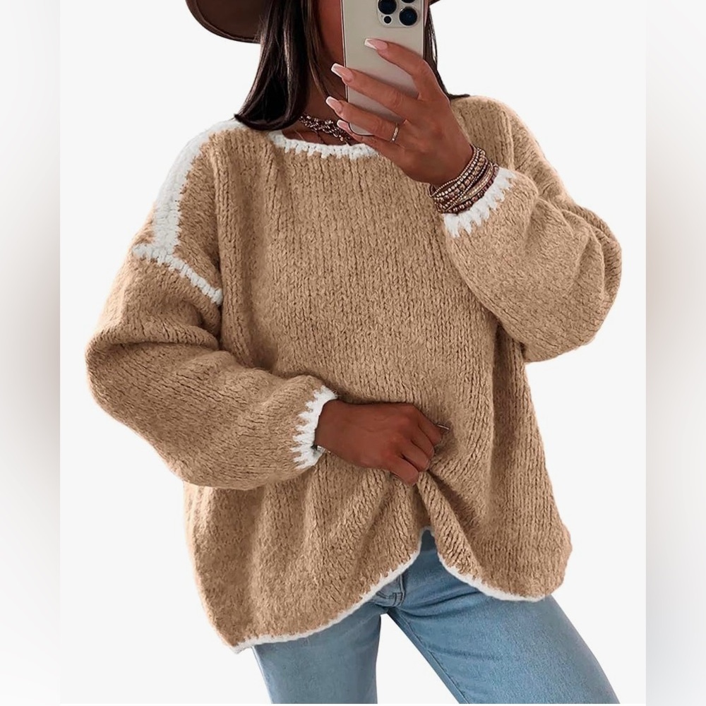 Soft oversized khaki sweater with contrasting white trim size small